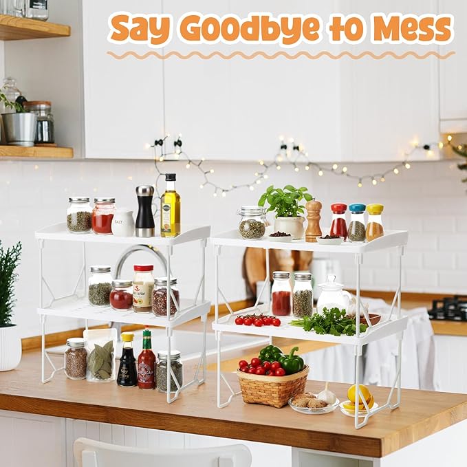 6 Pack Stackable Plastic Kitchen Storage Shelf Foldable Racks, Pantry Shelf Cabinet Organizers, Expandable Storage Rack for Cabinet Fridge Bathroom (12.4 X 7.6 x 6.3,White)