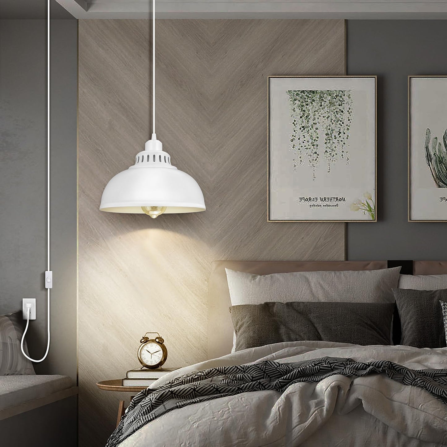 SoodMi Plug in Pendant Light, Industrial Metal Hanging Lamp, 15FT Cord with Switch, Big White, Model PLDG-0015