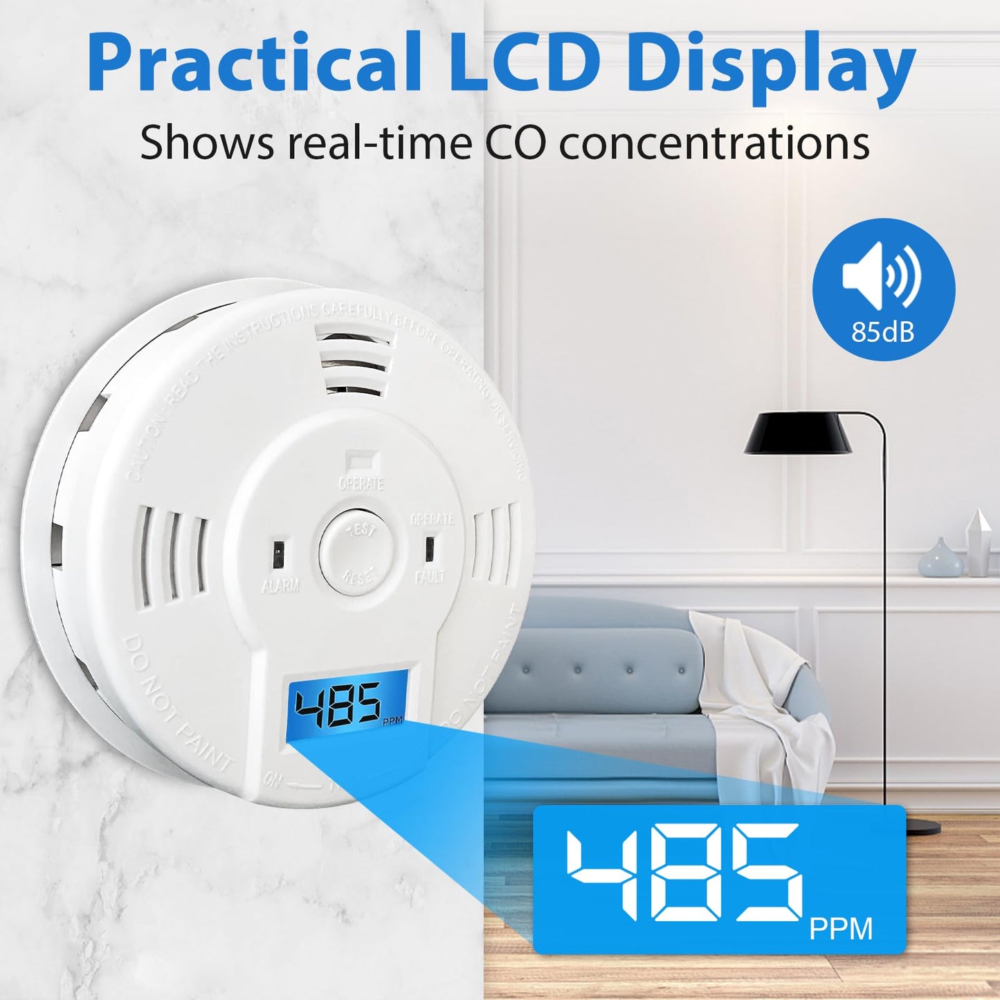 Shackcom Combination Smoke and Carbon Monoxide Detector, 5-Year Battery Smoke Alarm with LCD Display for Home, 1 Pack, White