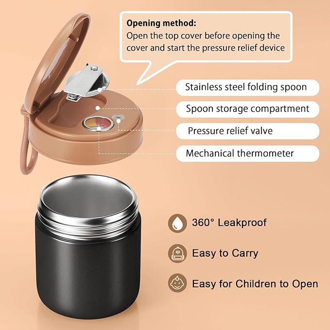 Insulated Food Jar with Temperature Display - 15.2 Oz, Thermo for Hot Food, Soup Thermo, Termos Para Comida Caliente, Width Mouth Stainless Steel Lunch Box with Folding Spoon, Black