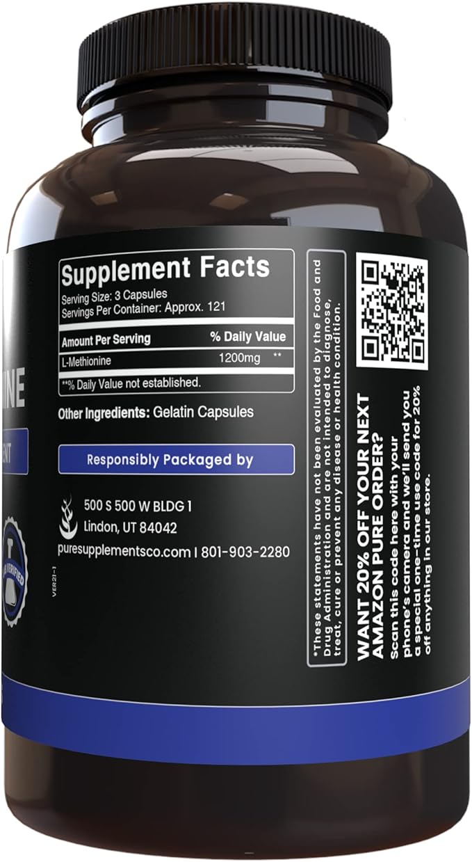 PURE ORIGINAL INGREDIENTS L-Methionine (365 Capsules) No Magnesium Or Rice Fillers, Always Pure, Lab Verified