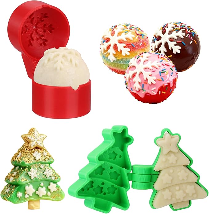 Mity Rain Christmas Cake Pop Mold Shapes Press Set, Christmas Tree & Snowball Mold, 3D Printed Cakepop Molds Cutter for Home Baking,Birthday Parties