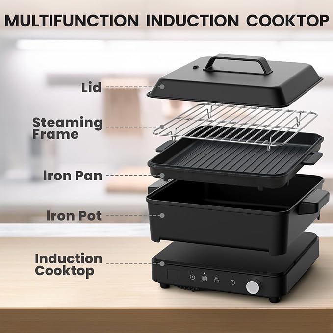 Portable Induction Cooktop 1500W with Grill Pan & Rack, Sensor Touch Hot Plate for Countertop, 6 Temp Levels, Auto Shut-Off, LED Display, Pot Detection, Electric Burner for Indoor BBQ & Cooking