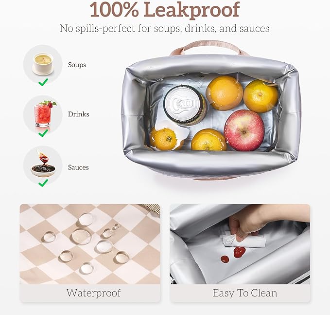 Lunch Bag Women Insulated Lunch Box,Cute Lunch bags,Reusable Large Capacity Leakproof Cooler Bag with Adjustable Shoulder Strap for Men Adult Work Office Picnic Travel Checkered Brown
