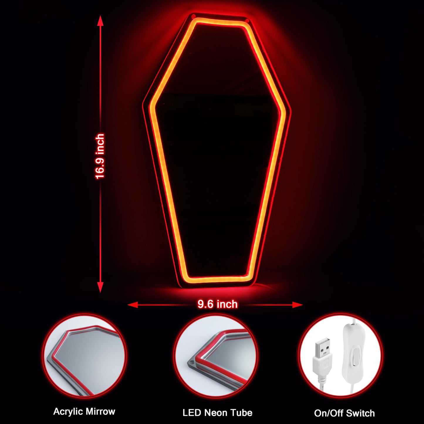 Kavaas Gothic LED Neon Coffin Mirror 16.9in x 9.6in, Coffin Neon Mirror for Room Decor, Halloween Wall Art, Best Gifts for Goth Lovers