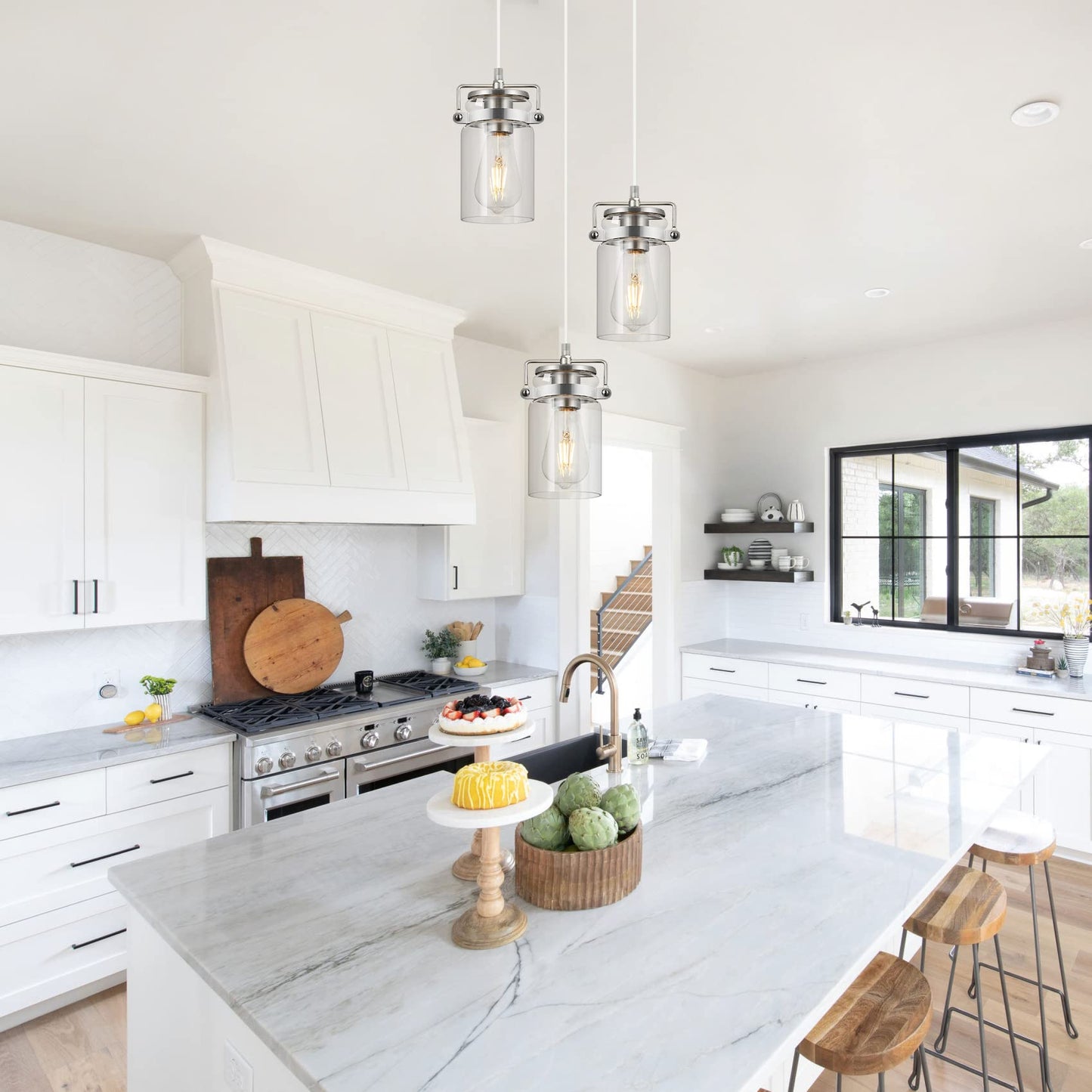 Pendant Lighting For Kitchen Island  Modern Glass Pendant Light Linear Chandelier For Dining Room Industrial 3 Light Hanging Light Fixture Adjustable Cord Farmhouse Ceiling Light Brushed Nickel Finish