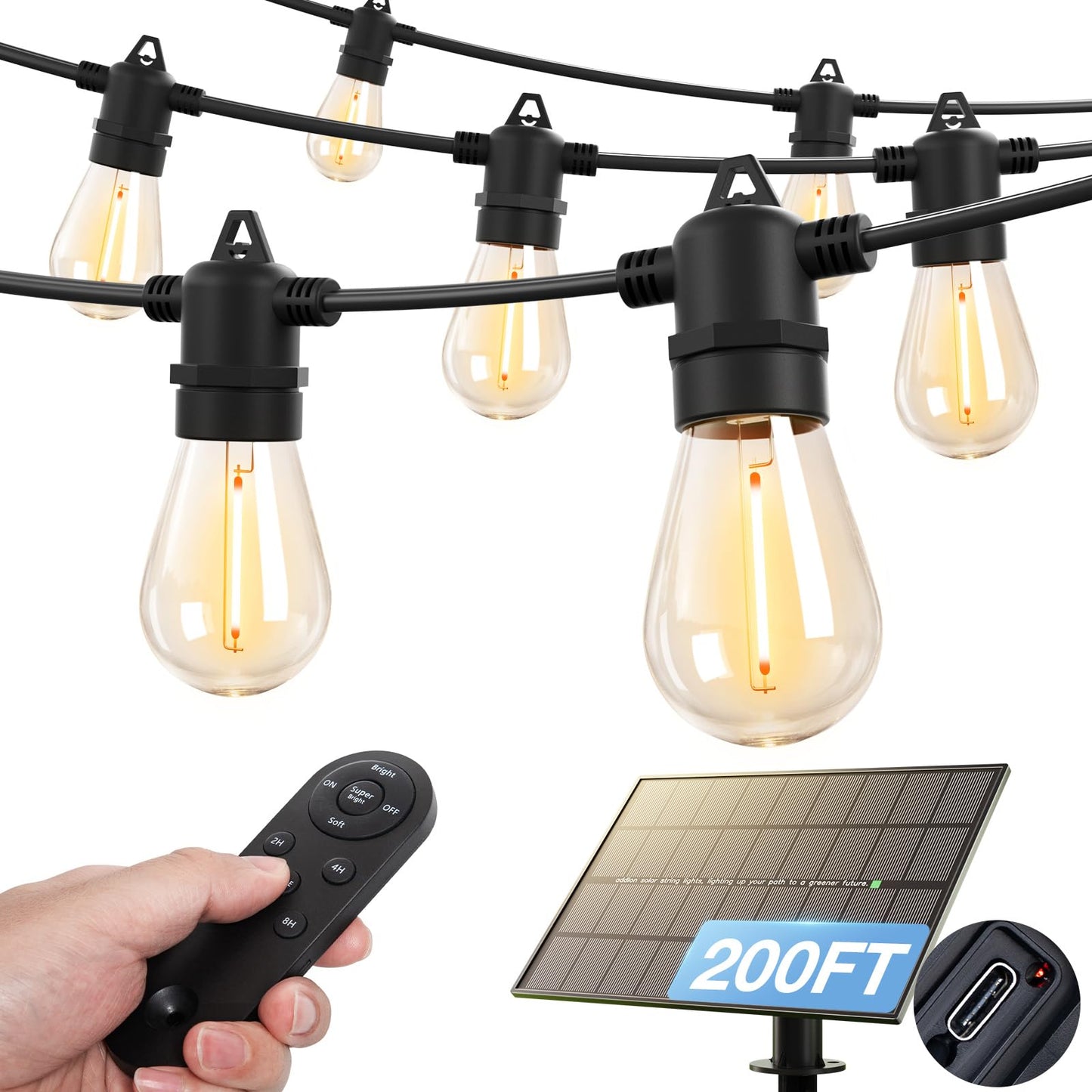 Addlon 200Ft(192+8) Solar String Lights Outdoor Waterproof 6W Panel With Usb Port & Remote Control Solar Powered Patio Lights For Outside With 68 Led Dimmable Bulbs For Porch Garden Deck Halloween