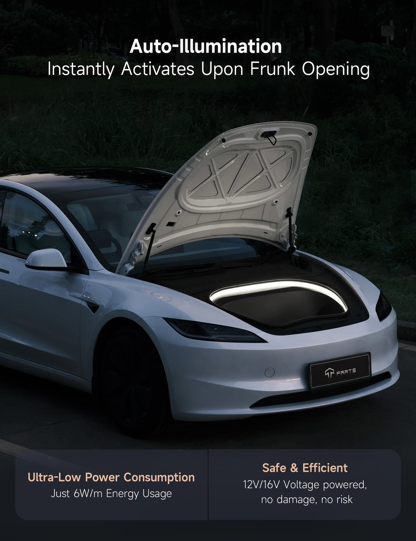 Tparts Frunk Led Strip For Tesla Model 3 Highland 2024 2025+ Flexible Silicone Waterproof Interior Lighting Bar  Easy Installation Model 3 Front Trunk Accessories Ambient Lights(Cool White Light)