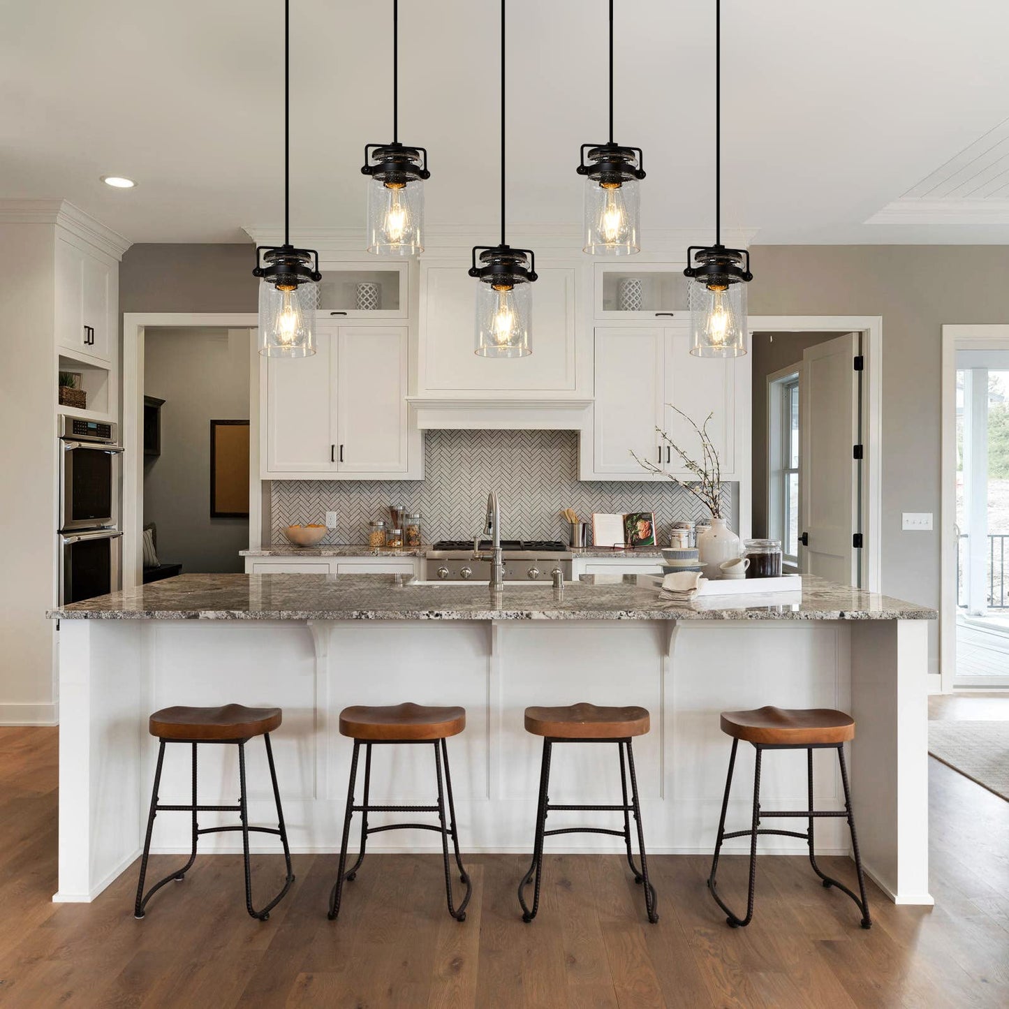 Foucasal Pendant Light Kitchen Island Lighting  5-Light Pendant Ceiling Light Fixture  67.71 Inches Hanging With Clear Glass Shade Farmhouse Chandeliers For Dining Room Bedroom Hallway - Black