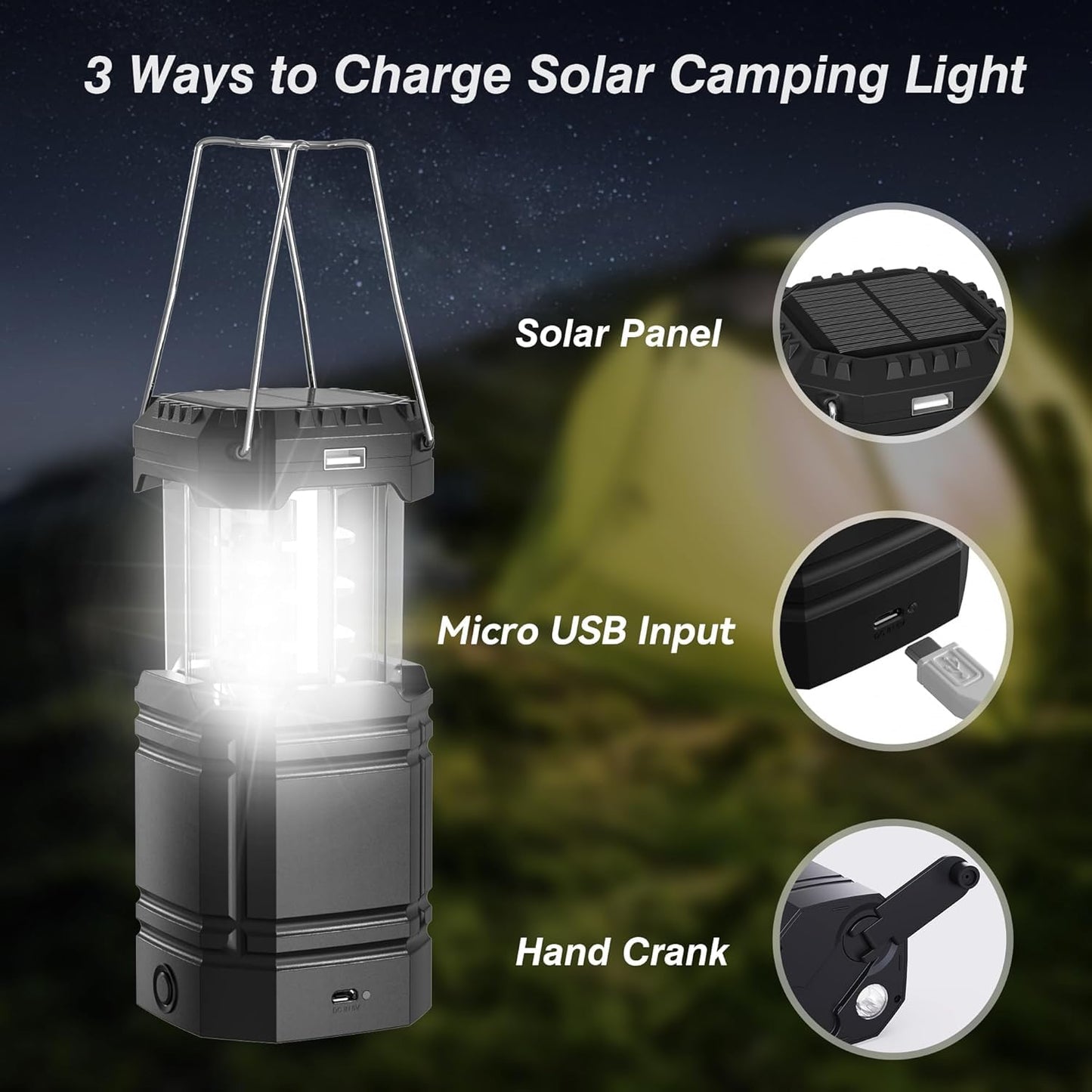 Mesqool 3000 Large Capacity Hand Crank Solar Camping Lantern, Ultra Bright LED, USB Charger, Black, Model CL1000