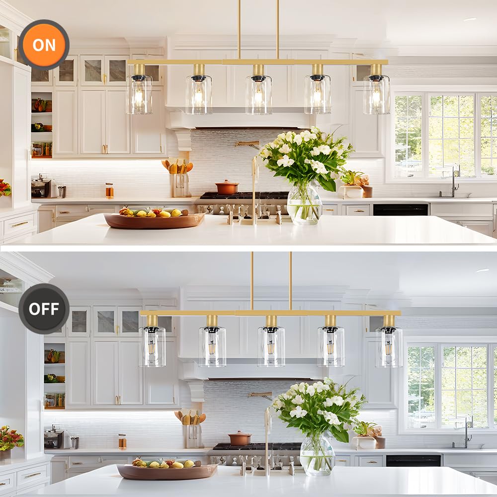 5-Light Kitchen Island Lighting Gold Adjustable Chandelier  Farmhouse Dining Room Light Fixtures Over Table  Height Adjustable Linear Pendant Light Fixture With Clear Glass Shade For Kitchen