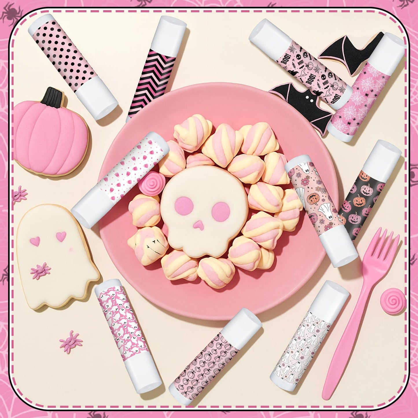 Siifert 50 Pcs Pink Halloween Lip Balm Gifts Bulk Cute Boo Ghost Lip Balm Favors Honey Flavor Spooky Party Supplies Goodies Pink
