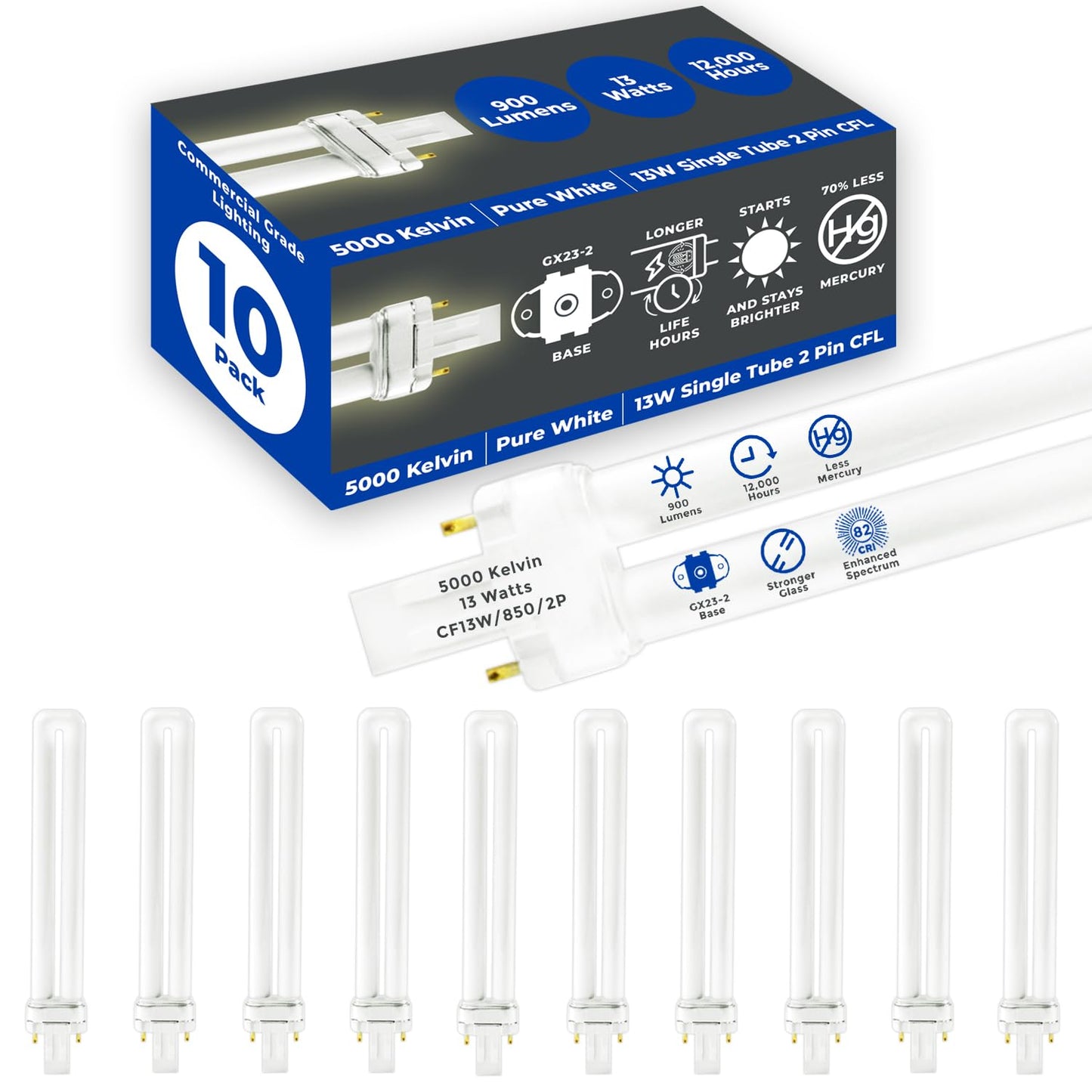 GoodBulb CFL Light Bulbs 13W 800 Lumens 5000K Daylight 2 Pin GX23 Base 10 Count Pack