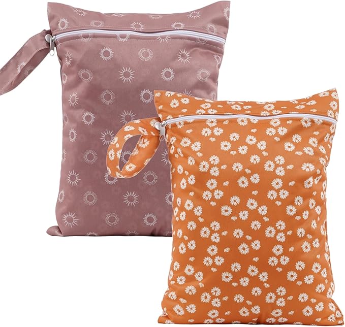 2Pcs Baby Wet Dry Bags for Cloth Diaper,Waterproof Reusable Travel Bags, Beach, Pool, Gym Bag for Swimsuits, Beach Vacation Essentials (White Flower Sun)