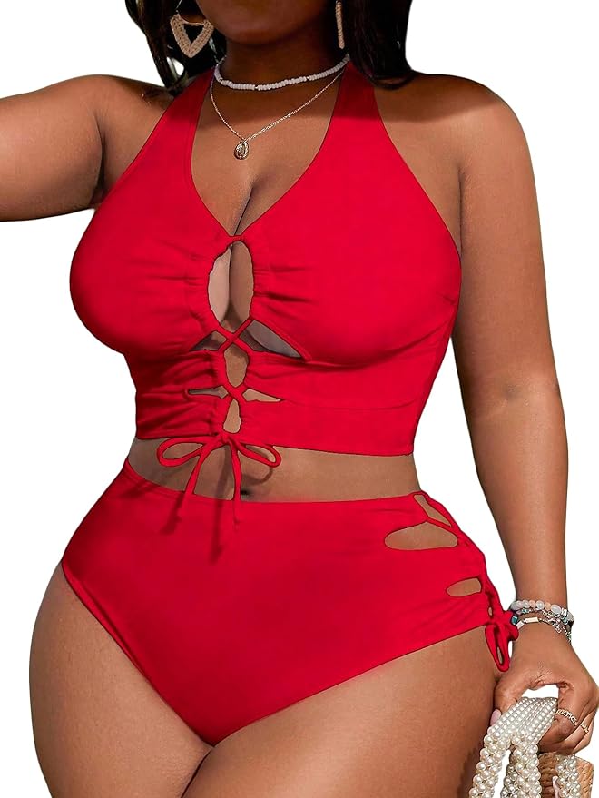 SOLY HUX Women's Plus Size Bikini Set Sexy Swimsuit Lace Up Tummy Control 2 Piece Bathing Suit