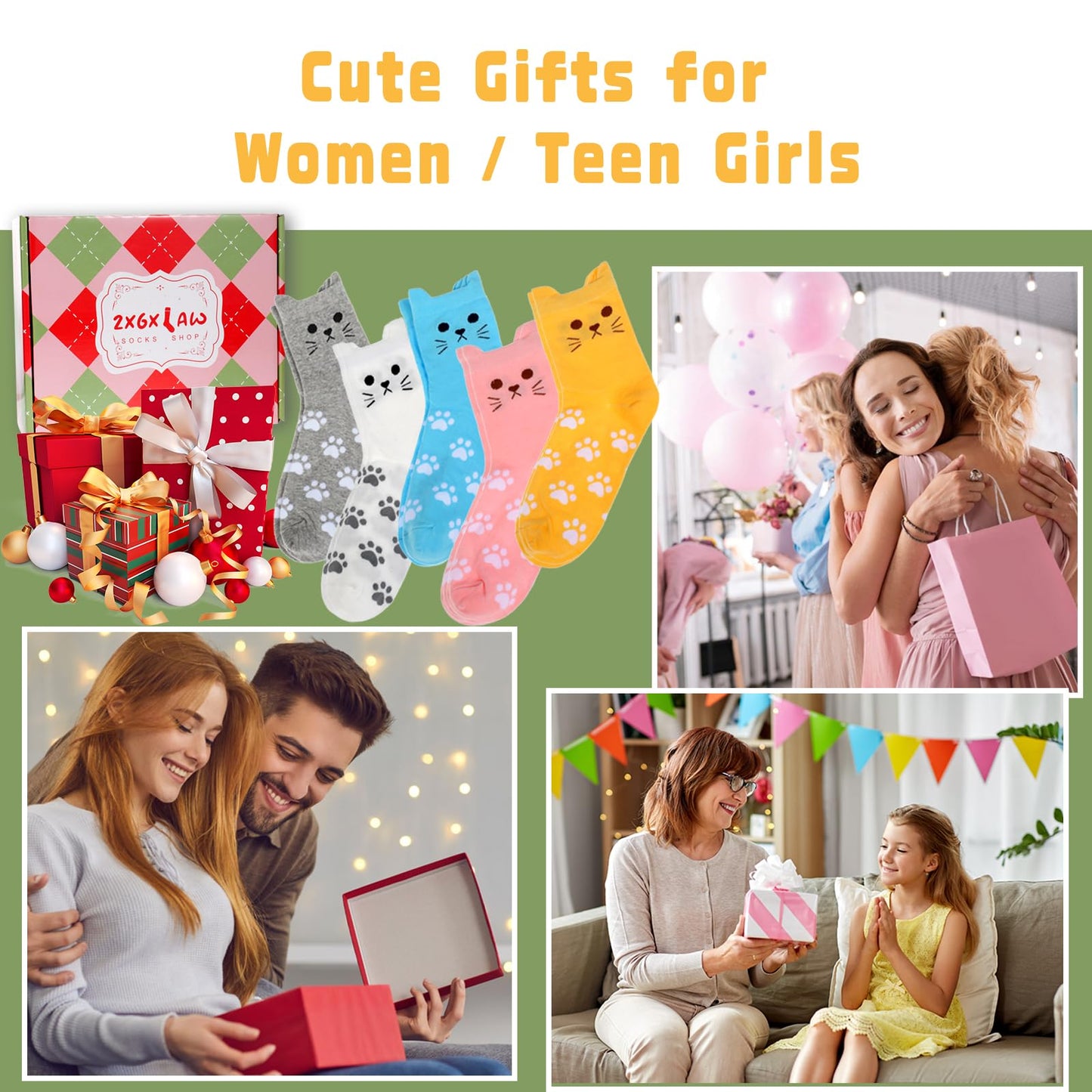 ZXGXLAW 5 Pack Women's Cat Socks Colorful Cute Funny Crew Socks,Novelty Gifts for Teenage Girls Girlfriend Animal Lovers