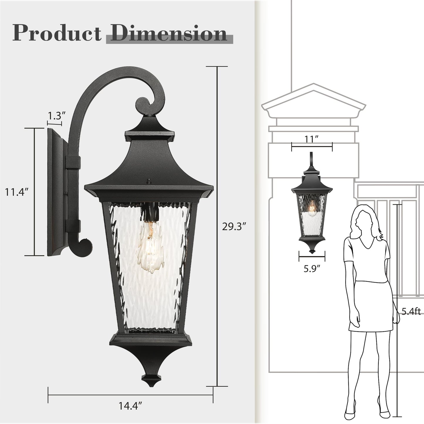 Emliviar 29.3 Waterproof Wall Sconce Light Fixture, Black Finish, Water Ripple Glass Shade, Large Size, Model Xe292Bl-Sw Bk