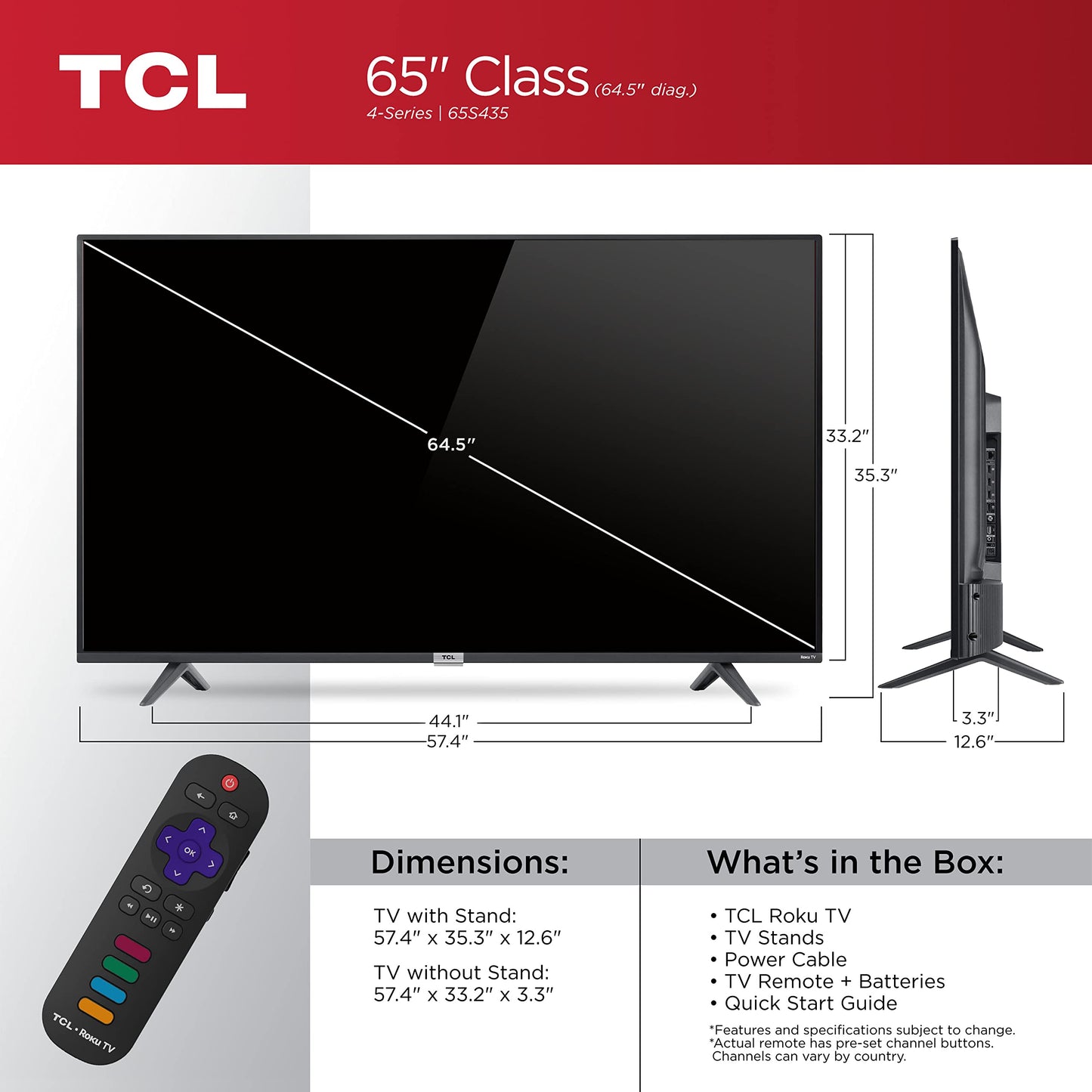 TCL 65-inch Class 4-Series 4K UHD HDR Smart Roku TV – 65S435, 2021 Model