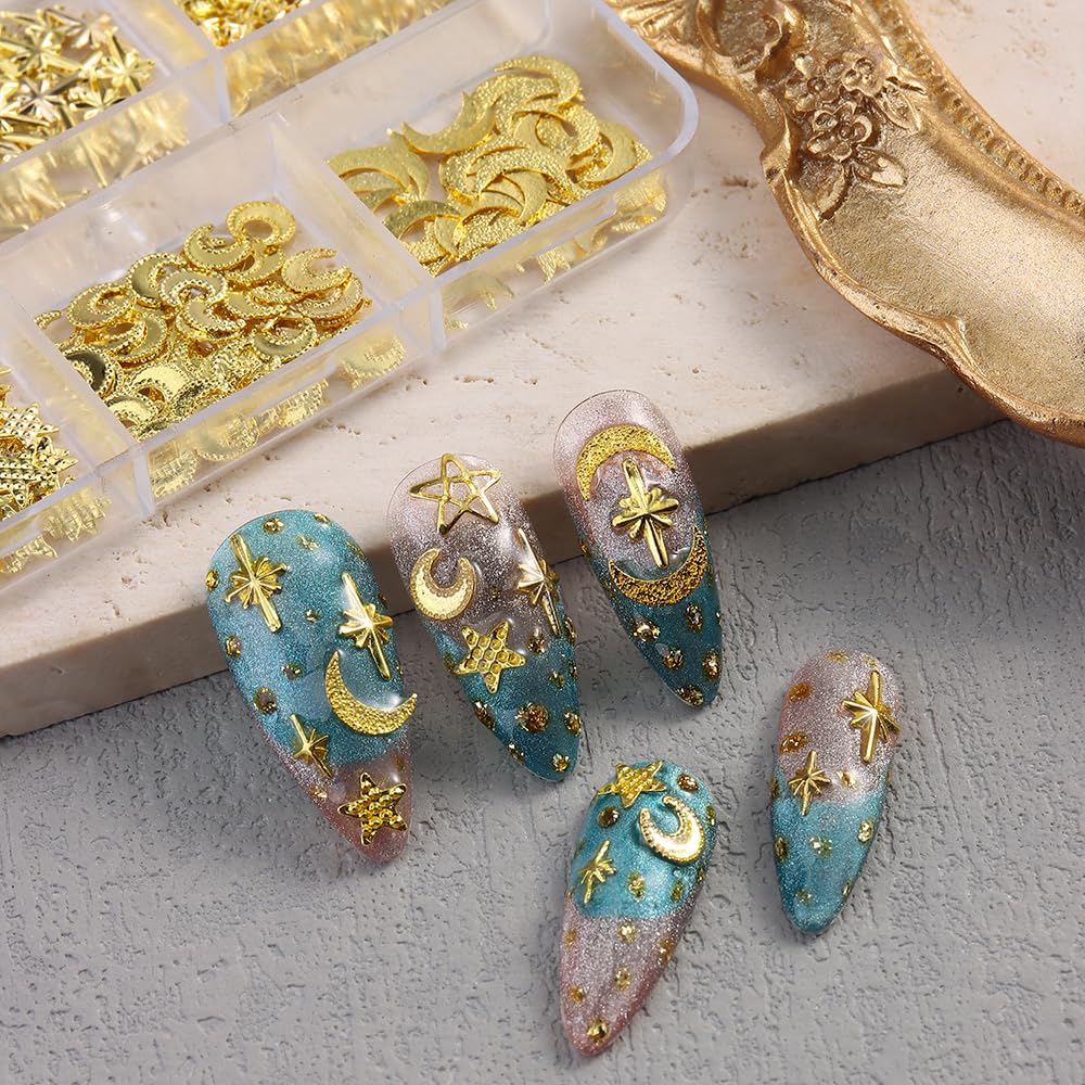 Gold Nail Charms, 2Boxes Gold Star Ocean Nail Gems Charms, Metal Small Star Moon Seashell Starfish Summer Charms for Acrylic Nai