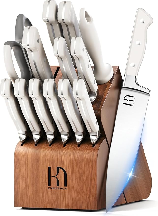 Knife Set, 15 Pcs Kitchen Knife Block Set, Enduring Razor-Sharp Japanese High Carbon Stainless Steel Chef Knife Set with Block and Sharpener, Premium Black Knives Set for Kitchen