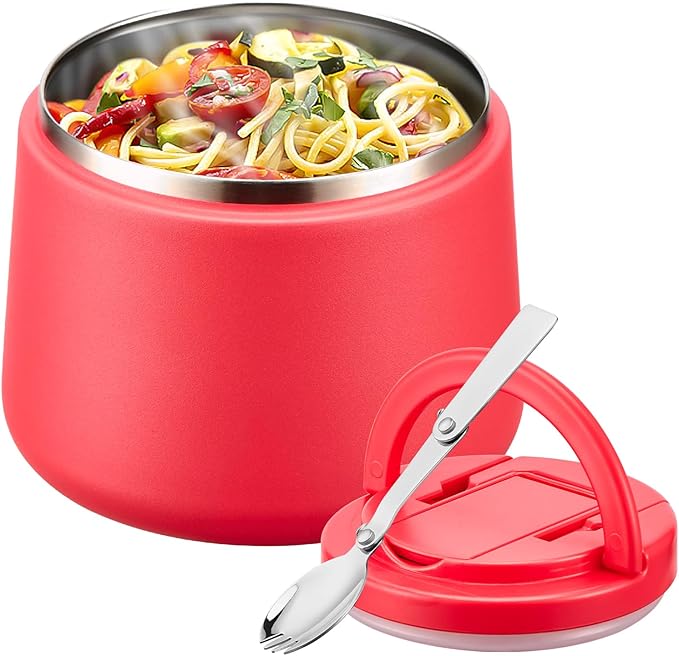 Kids Thermo for Hot Food, 14oz Insulated Soup Jar, Stainless Steel Lunch Box with Leakproof Lid & Spoon, Vacuum Insulated Bento Container (Red)