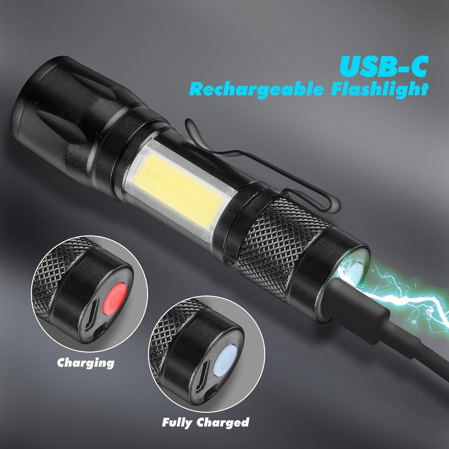 KunHe Mini LED Flashlights 6 Pack, USB Rechargeable, High Lumens, Anodized Aluminum, Black, Model 8593c