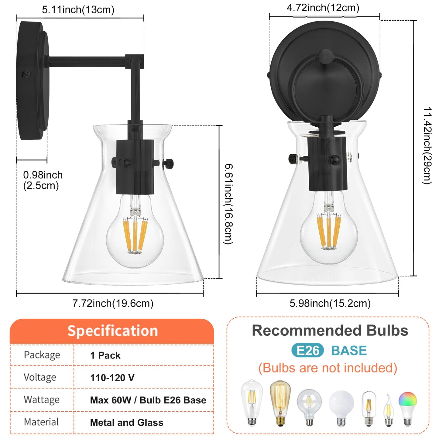 Gednbo Wall Sconce For Bathroom Modern Vanity Light Fixtures Hardwired Wall Mount Lighting Lamp Farmhouse Wall Lights With 6 Clear Glass Shade For Bedroom Living Room Mirror Kitchen (Black  1 Pack)