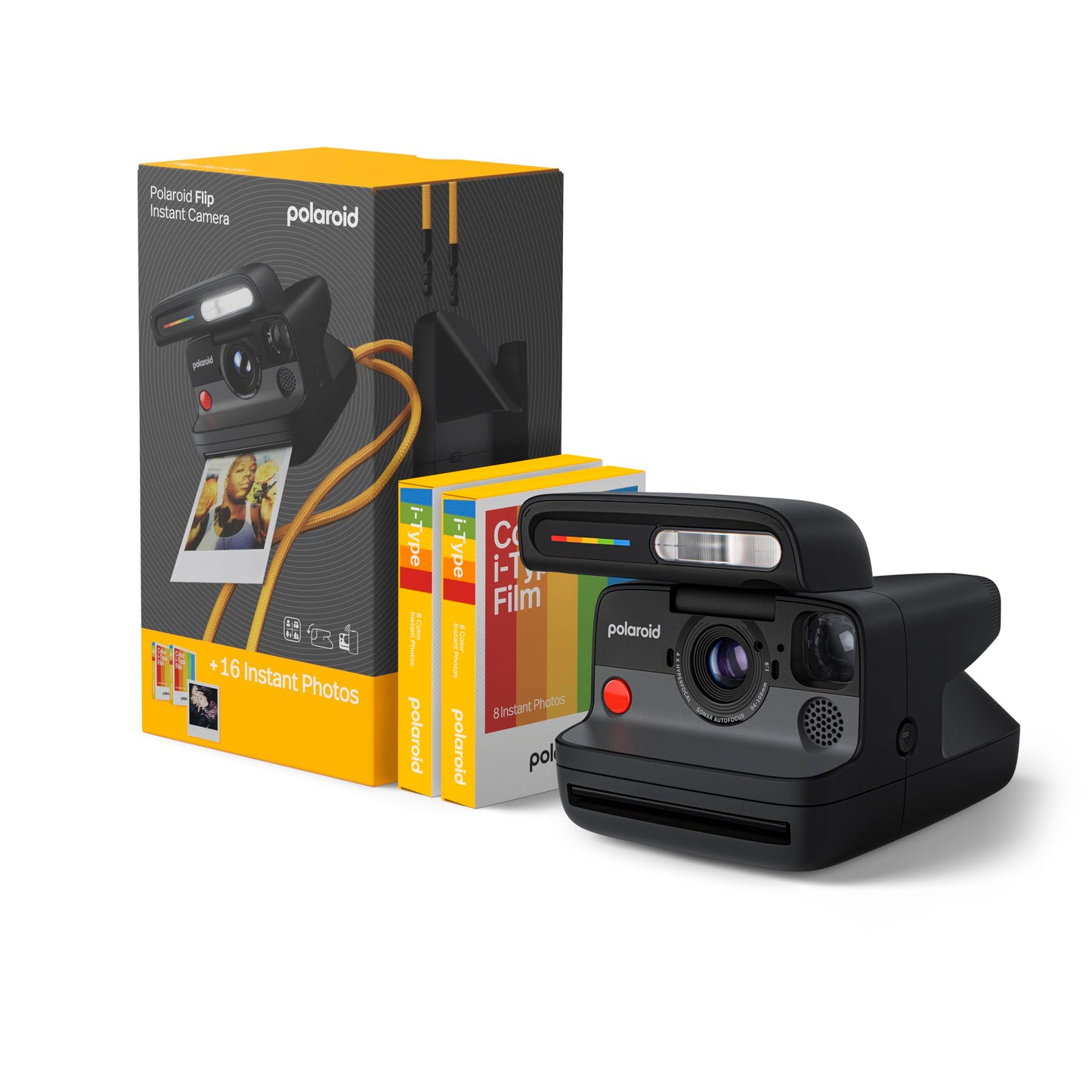 Polaroid Flip Instant Camera + Color Film Bundle (16 Photos Included) - Black (6565) - Hyperfocal 4-Lens System, Sonar Autofocus