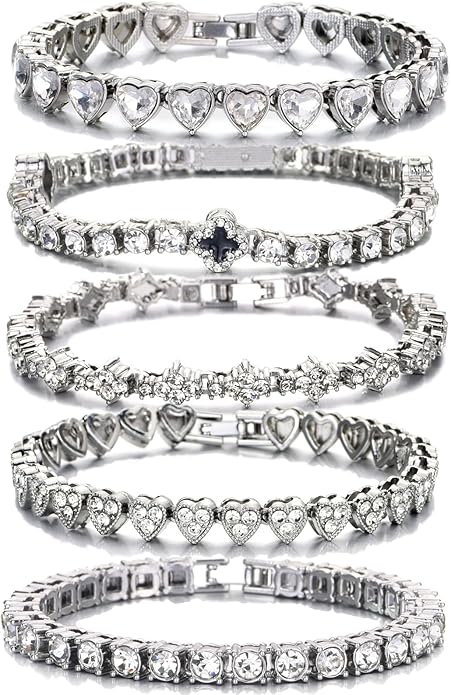 5PCS Diamond Tennis Chain Bracelet Set for Women ,Gold/Silver Plated Bangle Cuff Heart Shape Floral Clover Cross Charms Si...