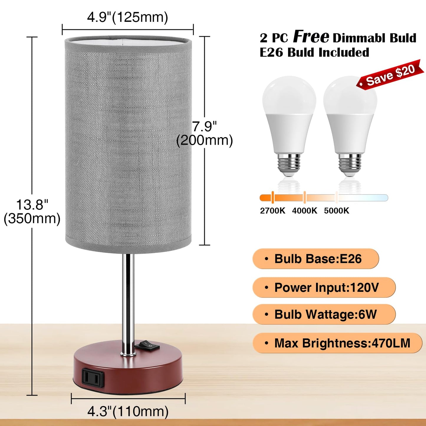 ZJOJO Table Lamp Set of 2, 3-Way Dimmable, Metal, Brown, Simple Round Model, with AC Outlets for Bedroom and Living Room