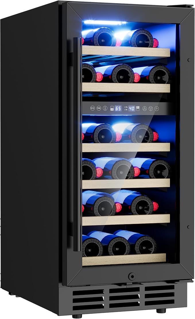 15 Inch Dual Zone Wine Refrigerator, 29 Bottle Under Counter Wine Fridge, Wine Refrigerator for Built-In or Freestanding, Wine Cooler with Removable Shelves, Double-Layer Glass Door, for Home