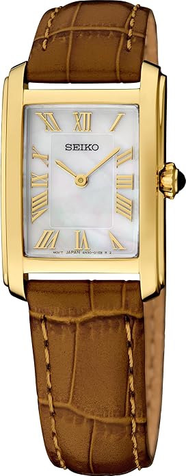 Seiko SWR100 Women's Quartz Watch, 30M Water Resistant, Elegant Mother-of-Pearl Dial, Cabochon Crown, Leather Strap - Gold