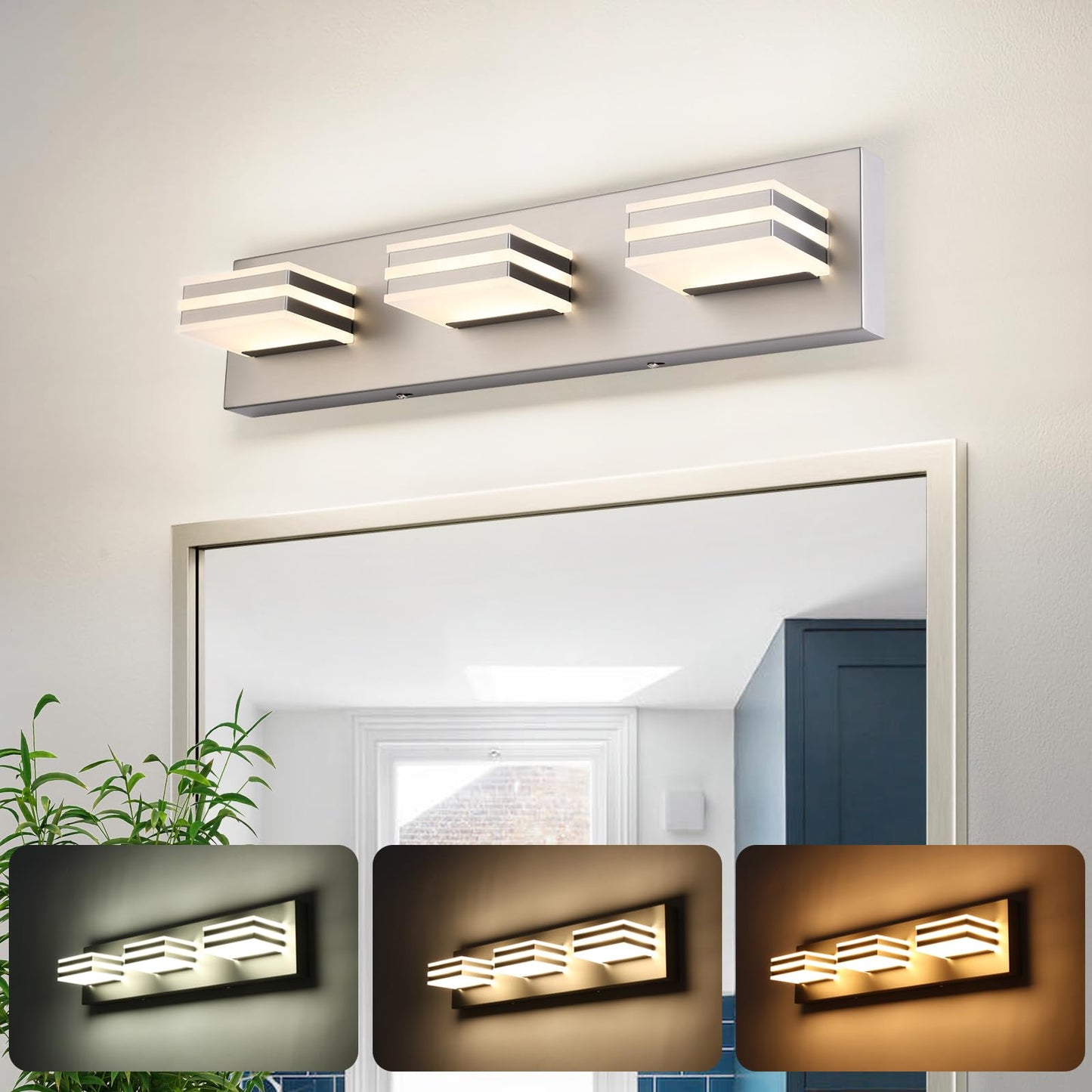 Yumcrelect Brushed Nickel Vanity Lights For Bathroom Light Fixtures (3-Light  20-Inch) Adjust 3 Colors Modern Bath Lighing Fixture Over Mirror Led Vanity Lighting