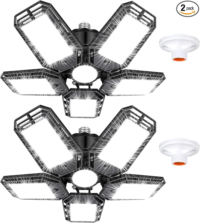 Luyata LED Garage Lights 2 Pack,Ceiling LED Shop Light 160W 16000LM 6500K Screw in Led Light with 5+1 Deformable Panels, B...