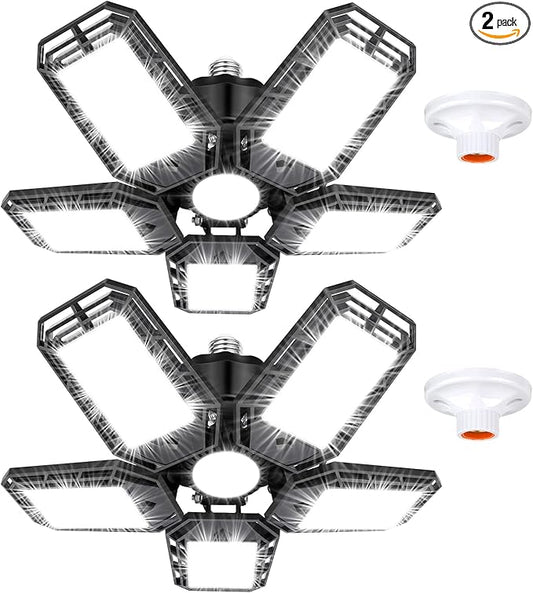 Luyata LED Garage Lights 2 Pack,Ceiling LED Shop Light 160W 16000LM 6500K Screw in Led Light with 5+1 Deformable Panels, B...