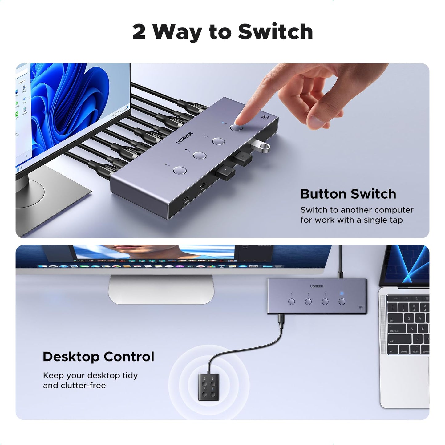UGREEN 8K@60Hz HDMI KVM Switch 4 Computers with 4 USB 3.0 Ports Aluminum KVM Switches Share One Monitor Keyboard Mouse Hard Drives Printer with 4 HDMI Cables, 4 USB Cables and Desktop Controller