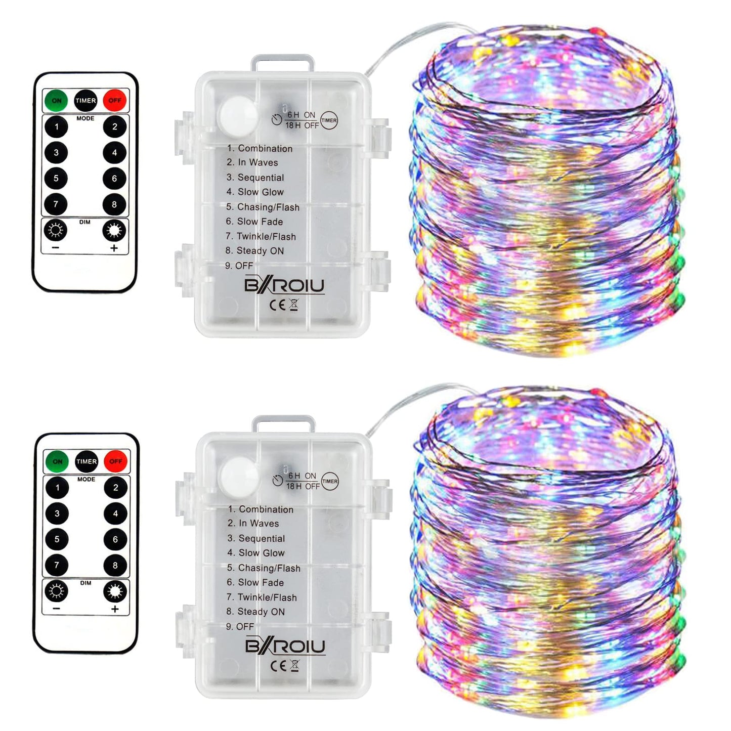 BXROIU Fairy Lights, 50 LEDs, 5M Silver Wire, 8 Modes, Battery Operated, Remote Control, Multicolor