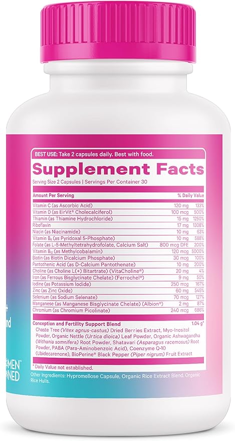 Pink Stork Fertility Supplements for Women - Prenatal Multivitamin with Ovulation, Conception, & Hormone Balance Support - 17 Vitamins & Inositol, Ashwagandha, & Vitex - 60 Capsules