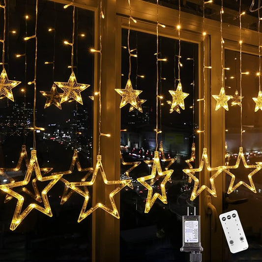Blingstar Star Christmas Lights 138 LED 12 Star Curtain Lights 8 Flashing Mode Window String Lights 8.2ft Connectable Hang...