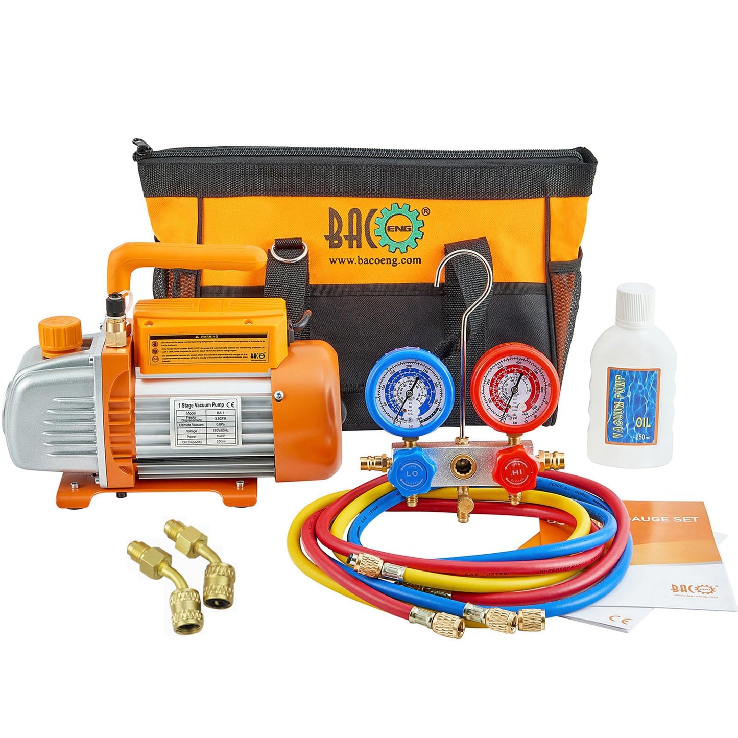 BACOENG 3.6CFM AC Vacuum Pump and Gauge Set - Home Mini Split Vacuum Pump Kit for R410A Refrigerants - w/ R410a Mini Split Adapter & 3x5FT Hoses