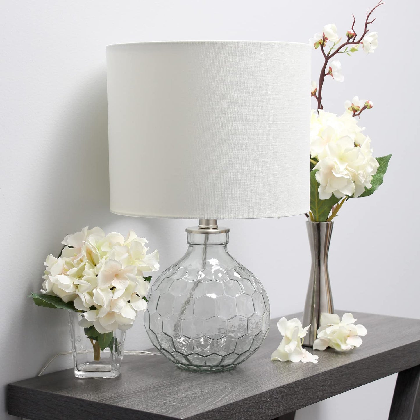 Elegant Designs LT1125-CLR Modern Glass Hexagon Table Lamp, 17.75in Clear Glass with White Fabric Shade