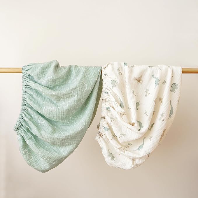 Konssy 2 Pack Muslin Changing Pad Covers for Boys, Ultra Soft & Breathable Cotton Baby Diaper Changing Table Covers, Neutral Nursery Diaper Changing Pad Sheets (Dino Jungle,Sage Dino