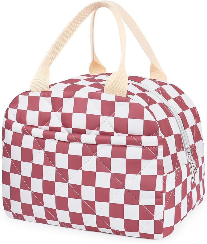 Cotton Quilted Insulated Lunch Bag, Cute Quilted Floral Lunch Tote Bags Reusable Insulated Lunch Box Coquette Aesthetic Large Capacity Insulated Cooler for Women Work Travel Picnic (Checkered-Pink)