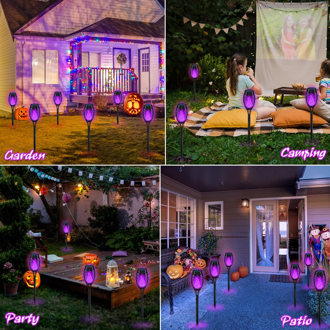 IkeeRuic Purple Solar Torch Lights, 6 Pack, Flickering Flame, Waterproof Outdoor Garden Pathway Decor