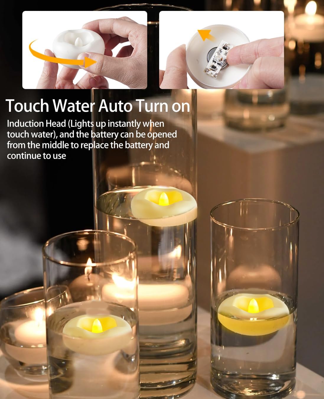 48-Pack 2” Floating Candle, 200 Hour Water Activated Warm White Battery Powered Flameless LED Floating Candle Floating for centerpieces/Bathtub/Pool/Fountain