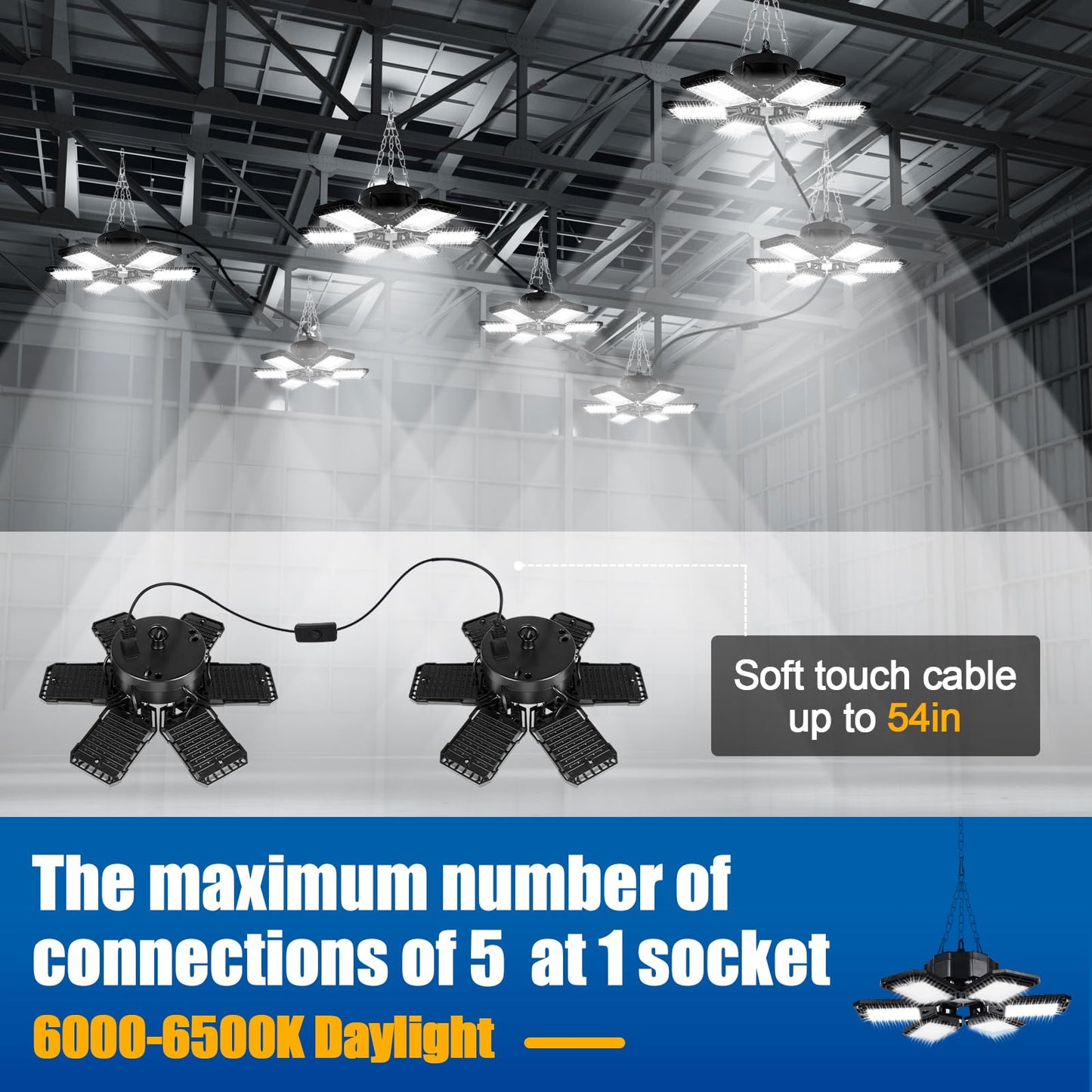 Aoretic LED Garage Lights 4 Pack - 180W, 18000LM, 6500K, 6+1 Deformable Panels, Aluminum, E26/E27, for