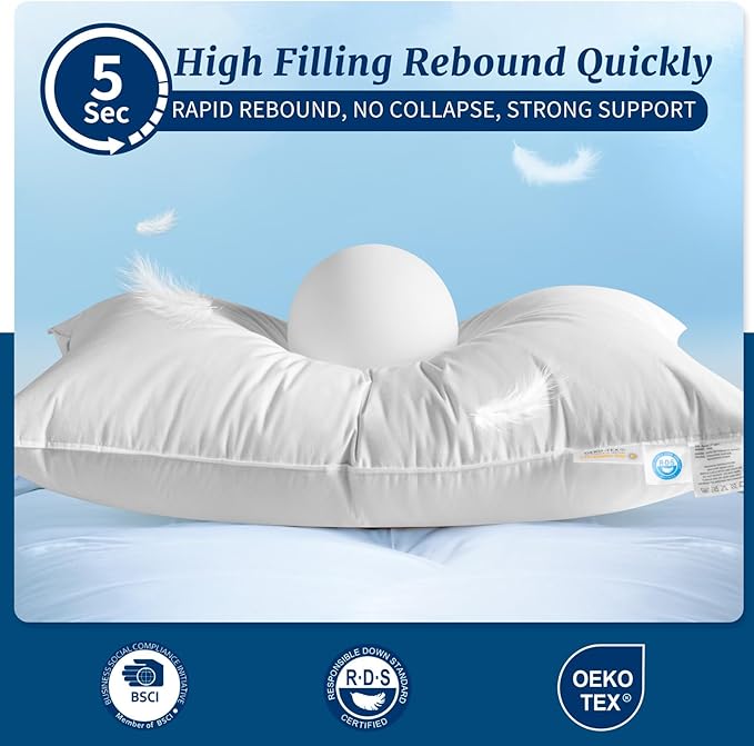 Canadian Luxury Goose Down Pillow King Size - 1050 Fill Power, 600 TC Cotton Shell- Ultra Soft and Comfort Sleep Pillows - Bed Pillows for Back, Stomach, Side Sleeper(White,King(Pack of 1))