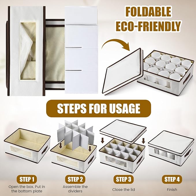 Uiifan 4 Pcs Mug 4 Pcs Champagne Flute Storage Box with Dividers 12 Compartment Stemware Storage Cases China Container Box with Lid, Handles, PVC Window for Moving, Beige