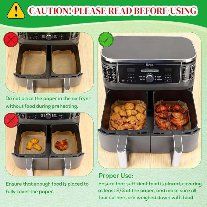 BYKITCHEN 300PCS Air Fryer Liners for Ninja Dual Airfryer, Rectangle Disposable Air Fryer Parchment Paper Compatible with Ninja DZ201/ DZ401/ DZ550, Bella Slim Airfryer &More, Air Fryer Accessories