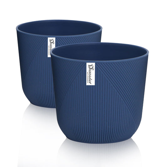 Dexceder 9x8 Striped Table Flower Plant Pot with Drainage Hole & Removable Plug (2 Pack, Deep Blue)